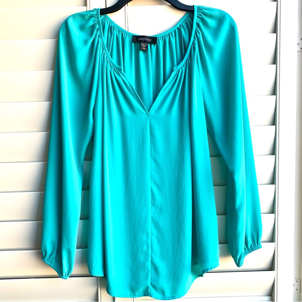 Karen Kane peasant long sleeve turquoise blue blouse